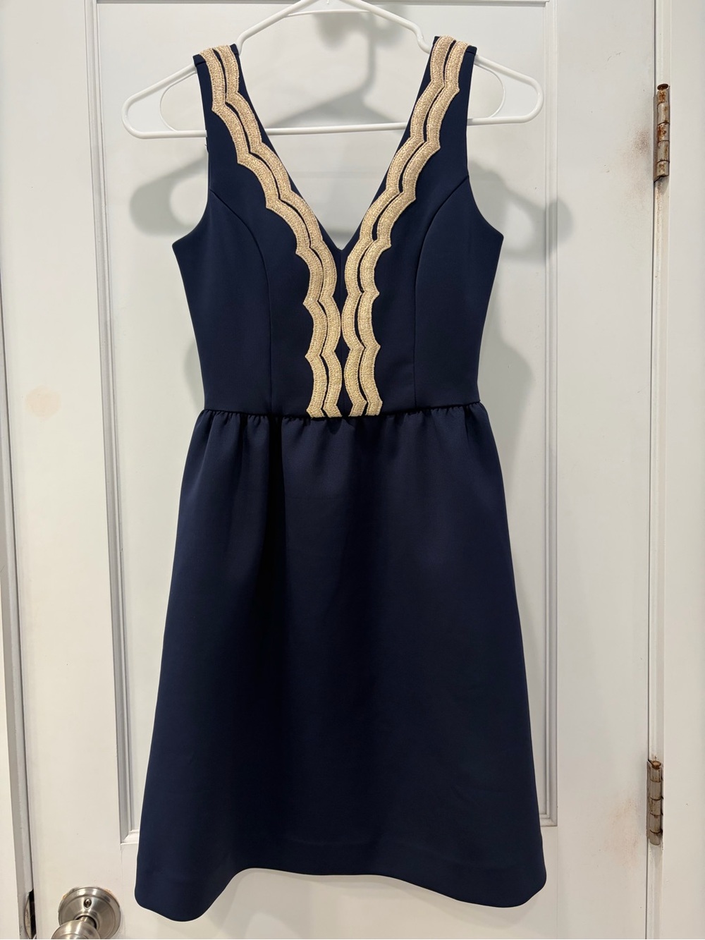 Lilly Pulitzer Navy Dress with Gold Scallop Trim
